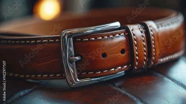 Fototapeta A close-up of a leather belt with a polished silver buckle, illuminated by soft natural light to enhance the rich texture and smoothness of the leather