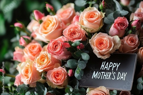 Obraz Elegant Light Peach Roses Bouquet with "HAPPY MOTHER'S DAY" Inscription, Decorated Wooden Sign with Flowers and Greenery, Soft Lighting Background for Joyful Celebration Atmosphere