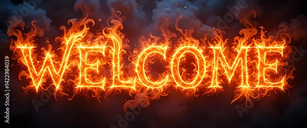 Obraz WELCOME' formed from neon-orange fire with a magical flicker.
Transparent background, fantasy or enchanted style.