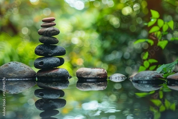 Fototapeta Tranquil Stacked Stones Reflecting on Calm Water in Nature Scene