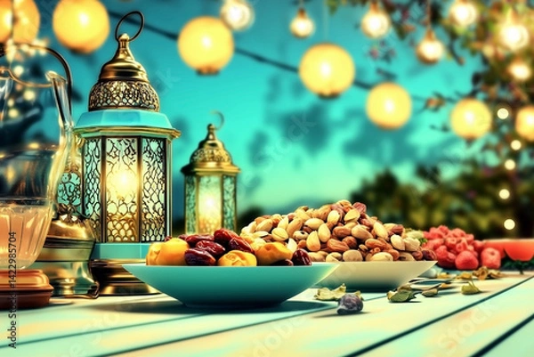 Obraz Table with a blue plate of food and a blue bowl of food. The table is set for a meal