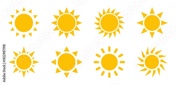 Fototapeta Set of 8 yellow sun icons in flat vector style with unique ray designs. Perfect for weather apps, summer themes, travel graphics, and UI elements. Isolated on white background. Sun, iocns.