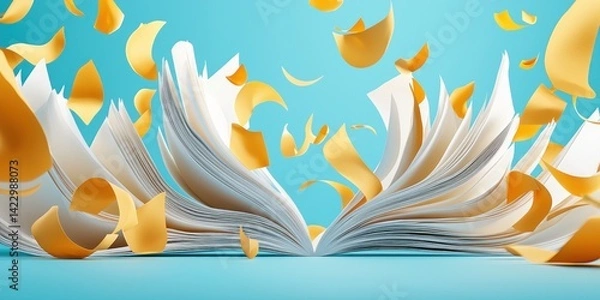 Fototapeta Open book with golden pages floating around it