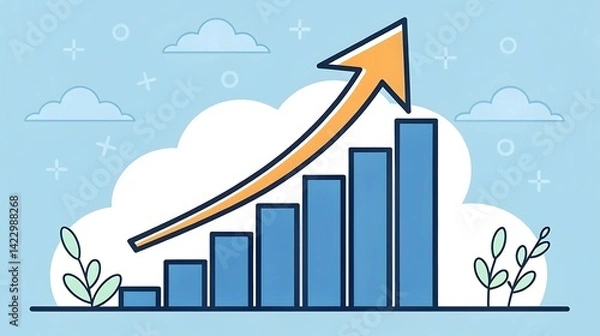 Fototapeta Growth bar chart with upward arrow in cloud background