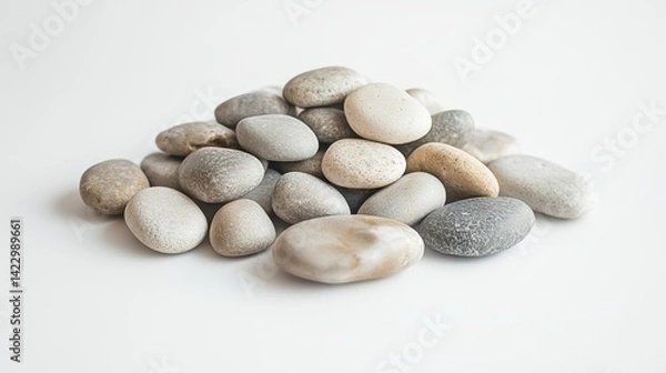 Fototapeta A top-down view of a pile of small, round stones with varying shades of grey, resting on a white surface, softly lit to enhance their smoothness and muted colors