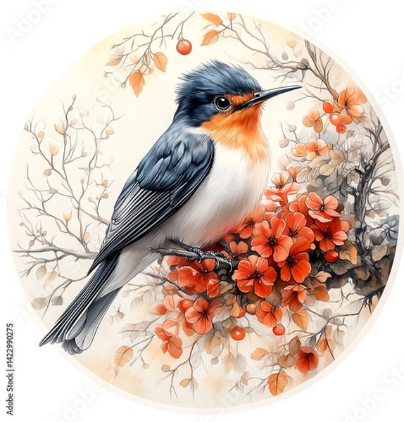 Obraz Bird is perched on a branch with red flowers. The bird is blue and white. The image has a peaceful and calming mood