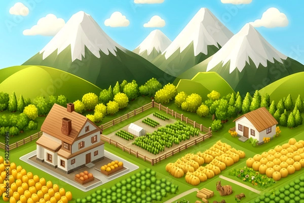 Obraz Farm scene with a house and a barn in the foreground and a mountain range in the background