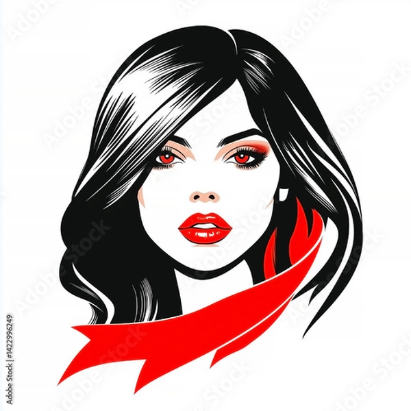 Obraz Woman with red lips and red hair is wearing a red scarf. The scarf is red and white, and it is draped over her head, covering her hair. The woman has a bold and confident look