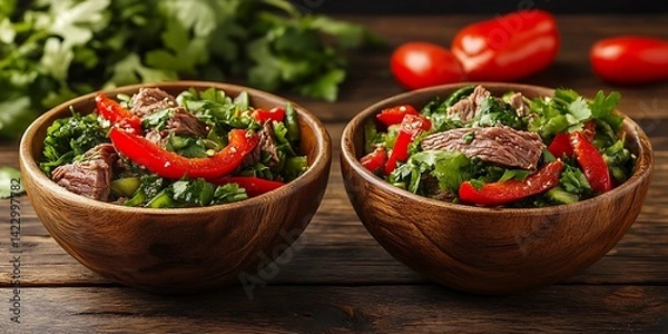 Fototapeta Beef Salad on Wooden Table