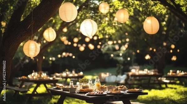 Fototapeta Outdoor garden party with paper lanterns hanging from trees over picnic tables set for a meal.