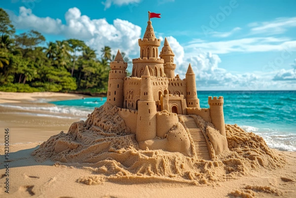 Obraz Intricately sculpted sandcastle with towers and flags sits on golden sand near the turquoise sea, capturing creativity and vacation vibes