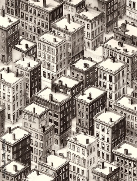 Obraz The image is a black and white drawing of a cityscape with many tall buildings. The buildings are all lined up in a row, with some of them having chimneys on top. Scene is one of urbanization