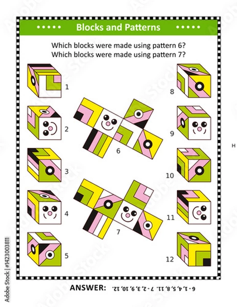Obraz Educational math visual puzzle with cubes and fancy patterns. Answer included.
