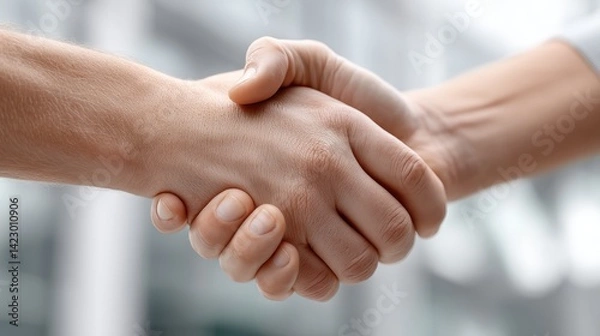 Fototapeta Close-up shot of a handshake with a blurred background of a modern office building, signifying modern business - Handshake industry colleagues teamwork