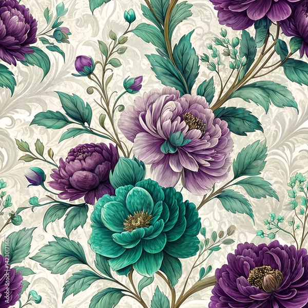Fototapeta Seamless floral background, hand-painted blossoms in rich jewel tones of purple and emerald, creating an elegant atmosphere for a charitable cause
