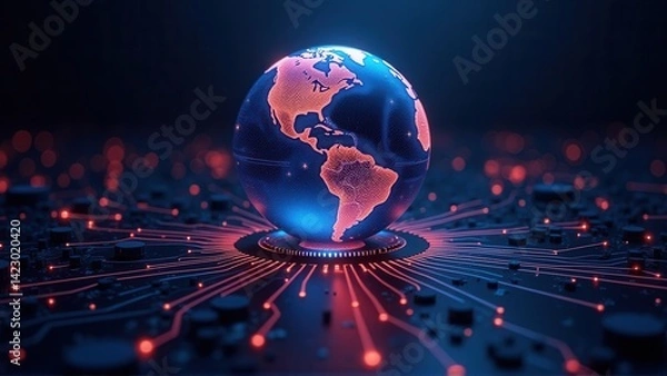 Obraz Visual representation of a planet map on a digital sphere in a technological environment