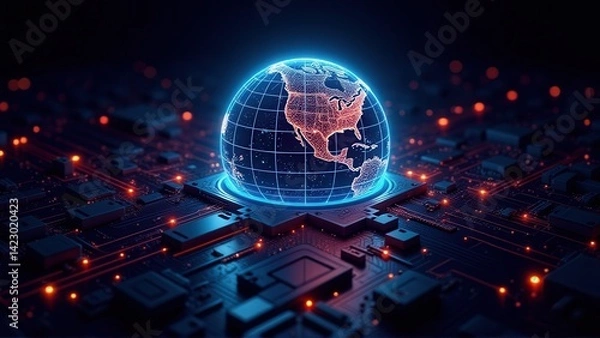 Obraz Visual representation of a planet map on a digital sphere in a technological environment