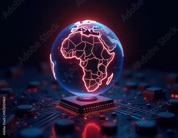 Fototapeta Visual representation of a planet map on a digital sphere in a technological environment