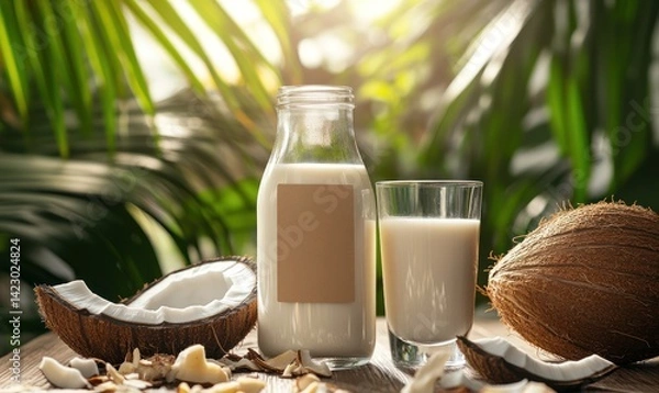 Obraz mockup of natural vegan plant-based coconut milk bottle with blank paper label on wooden rustic table, light eco aesthetic, AI generated