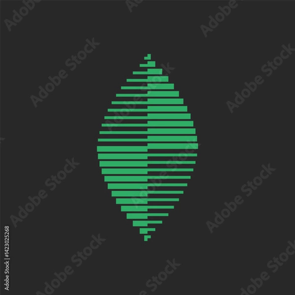 Fototapeta Green leaf logo abstract broken shape minimalist created from horizontal stripes on dark background, futuristic graphic element for eco branding.