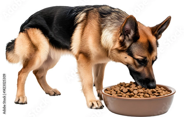 Fototapeta Dog eating dog food from a bowl, isolated on a transparent background