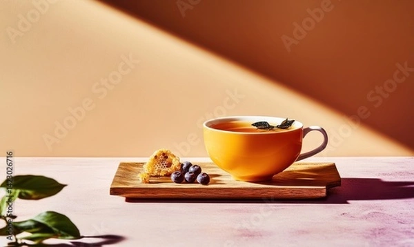 Obraz Sea buckthorn herbal tea with honey and blueberries in a glass cup, beverage with berries and honey, on a wooden tray. Warm orange gradient background, summer vitamin natural drink. AI generated.