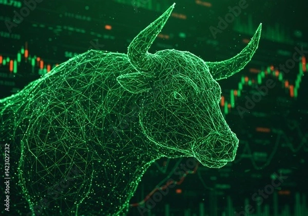 Fototapeta The photograph captures a green wireframe bull, a digital symbol of a bull market, superimposed on upward-trending financial charts against a dark background