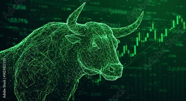 Fototapeta Superimposed on upward-trending financial charts against a dark background is a green wireframe bull, a digital symbol of a bull market