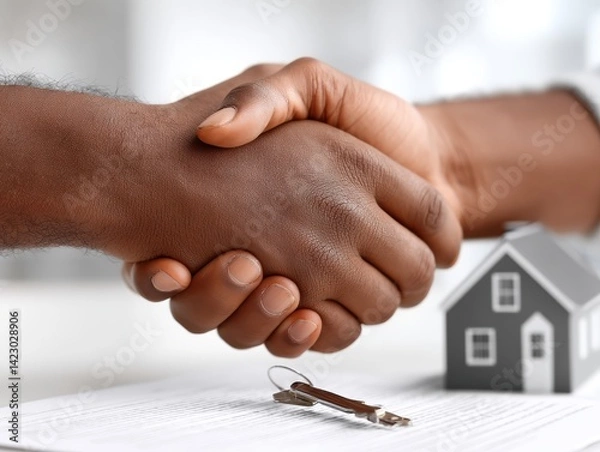 Fototapeta Close-up of shaking hands above paperwork, signifying a successful home purchase - meeting document negotiation