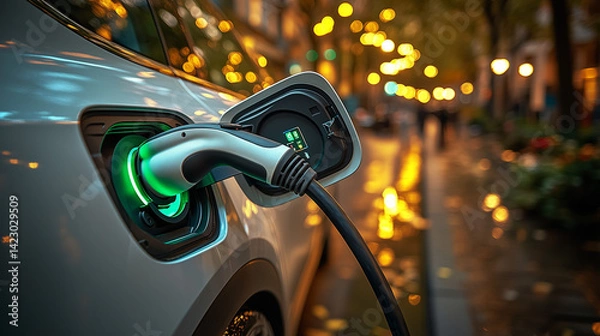 Fototapeta 
Electric car is charging in the garage at home, a person is charging the car with a charging gun, a complete person, real shot.