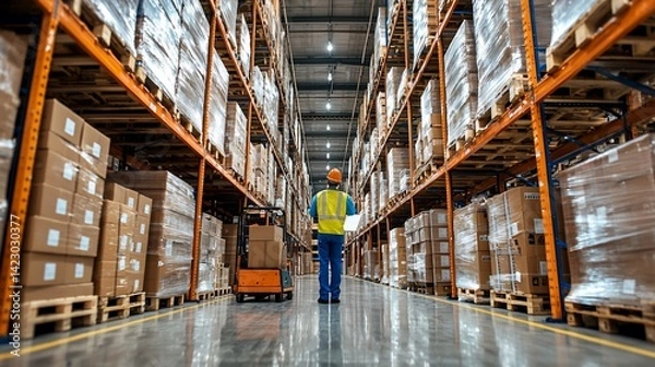 Fototapeta Warehouse worker inside a large distribution center
