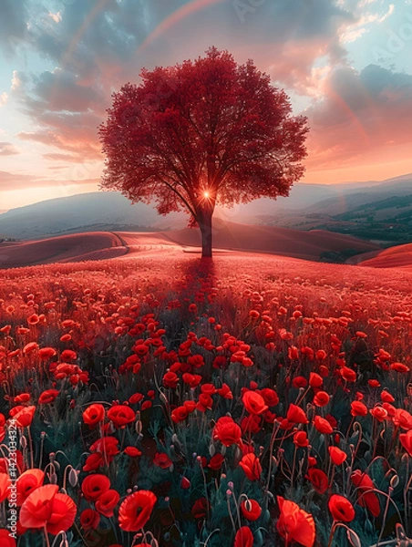 Obraz A tree in the middle of a poppy field with a sunset sky background