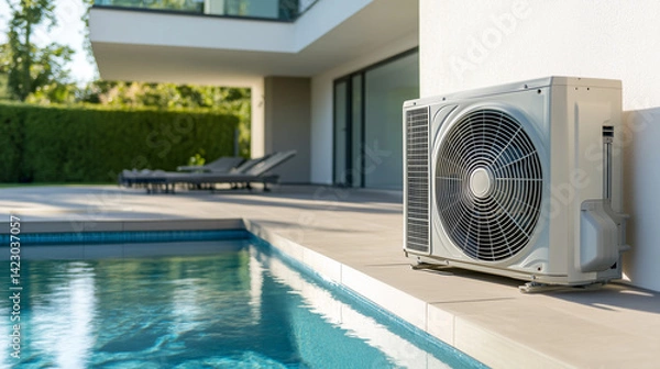 Obraz Modern air heat pump by a pool, blending efficiency with sleek outdoor design.