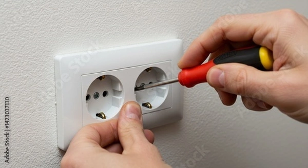 Obraz Close-up of Hands Using a Screwdriver to Repair or Install a Double Electrical Outlet on a White Wall