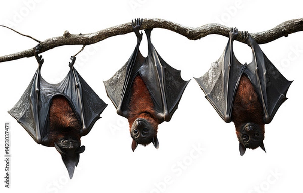 Fototapeta Three bats hanging upside down on a tree branch, transparent background