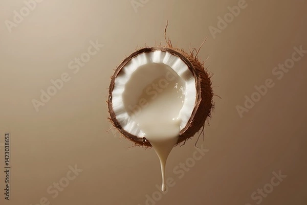 Obraz A halved coconut with the opening facing upwards, dripping white cream on top against a solid light brown background