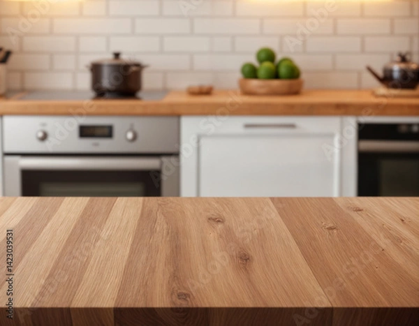 Fototapeta Orange Empty wooden table with the bright white interior minimal of the kitchen as a blurred background behind the bokeh golden sunshine