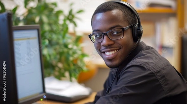 Fototapeta Portrait of smiling african american man in headphones using computer in office