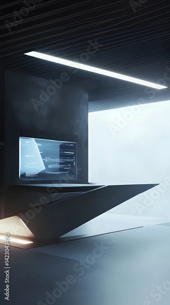 Obraz Minimalistic futuristic workspace with a floating holographic screen