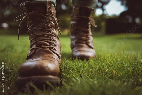 Obraz A pair of clean boots stepping onto healthy green grass with background blurred