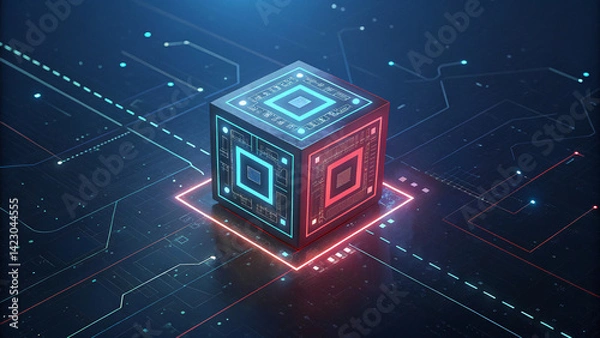 Fototapeta A glowing cube pulses with digital energy in a network of light. Concept Future Technology.

