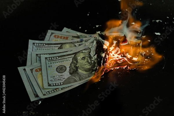 Fototapeta Stack banknote is burning on a black background