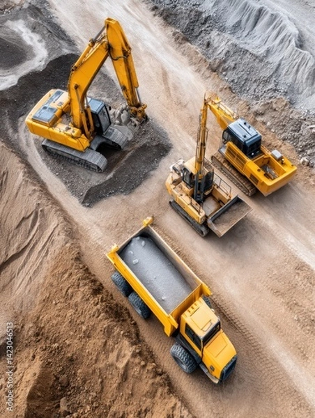 Fototapeta Aerial view of several excavators on a vast construction site - construction site operation workman