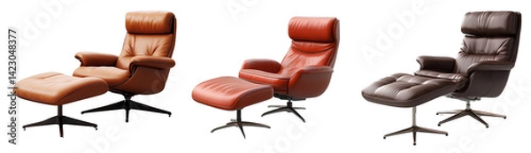 Fototapeta Recliner leather chair with footstool, isolated on a transparent background