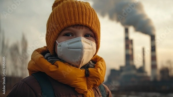 Obraz A young boy wearing a face mask gazes towards a coal power plant releasing thick clouds of smoke. His presence highlights the urgent issue of air pollution and its effects on children's health