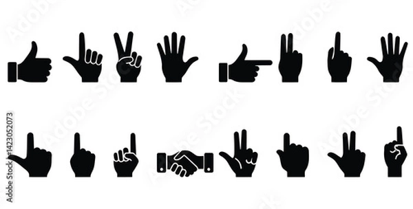 Obraz Black Hand Gesture Icons Vector Set – Peace Sign, Thumbs Up, Pointing, Fist, and Handshake Silhouettes