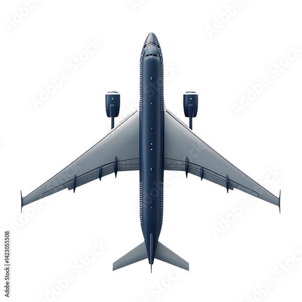 Fototapeta airplane, an , an emoji, overhead view, realistic,, very slight shadow, plastic, claymation, simple graphic, minimalist, minimalism, white background, soft light overhead, polycount, photorealism.
