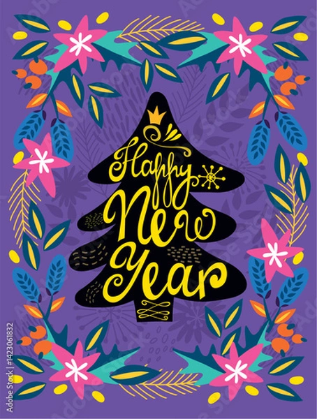 Fototapeta Happy New Year greeting card with floral tree design