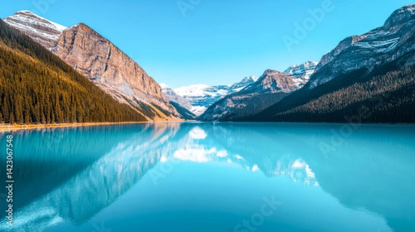 Fototapeta A stunning mountain lake with turquoise water, surrounded by snow-capped peaks and evergreen forests, reflecting a clear blue sky