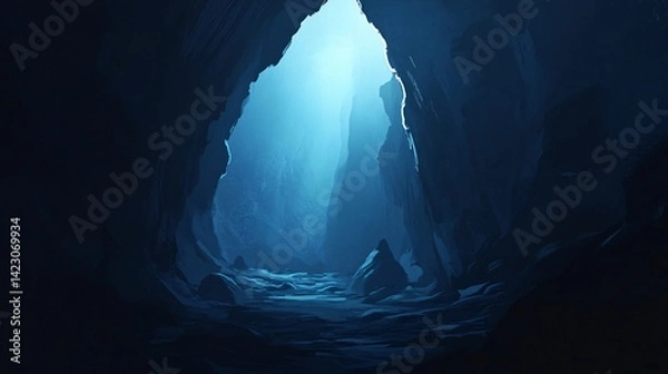 Obraz Dark cave exit, light at end, rocky terrain, mysterious background; fantasy game backdrop